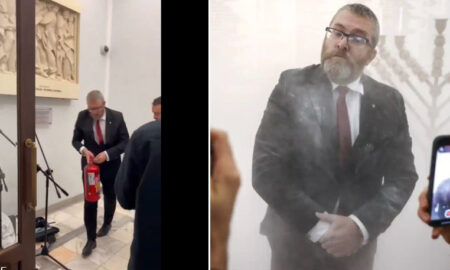 (Видео) Полски пратеник, екстремен десничар со противпожарен апарат изгасна еврејски свеќник во парламентот
